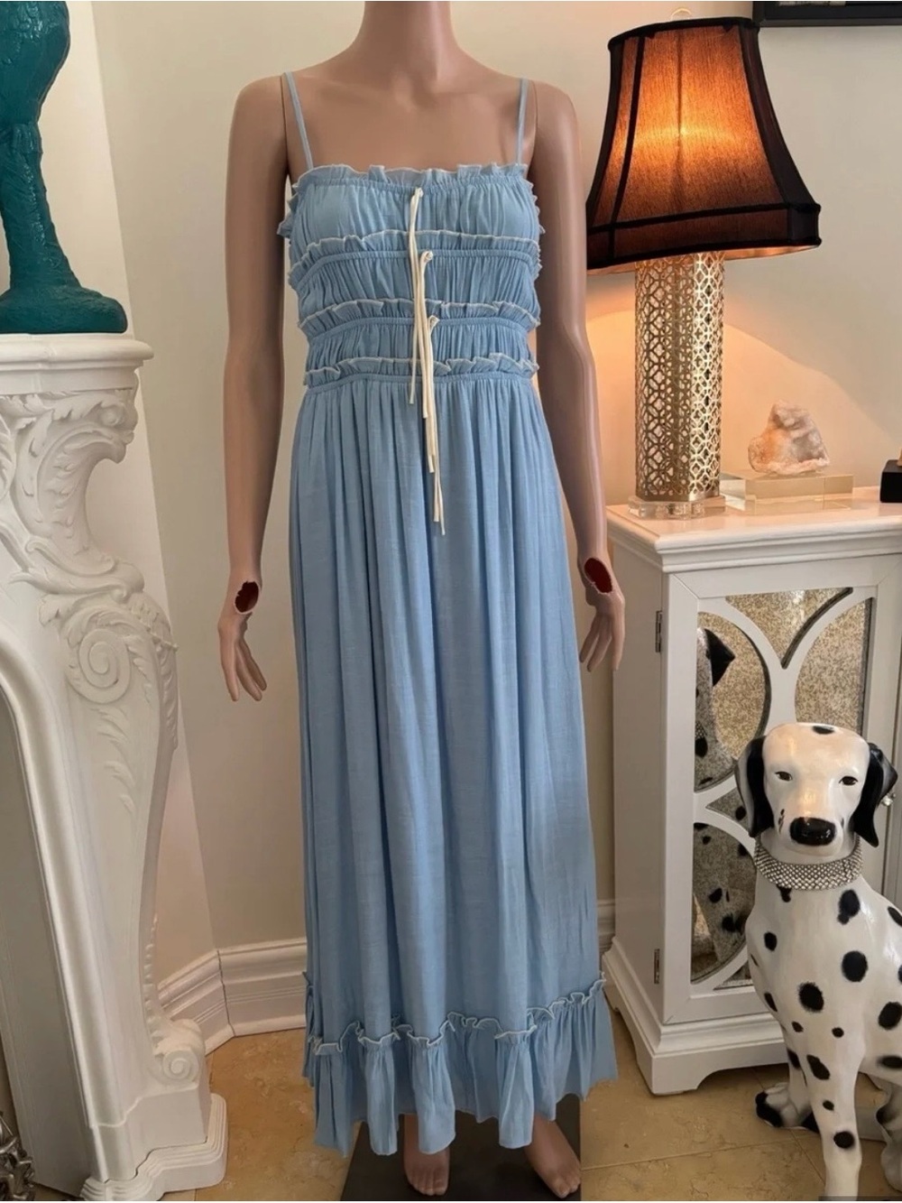 Sky Blue Smocked Maxi Dress with Ruffle Hem Size S